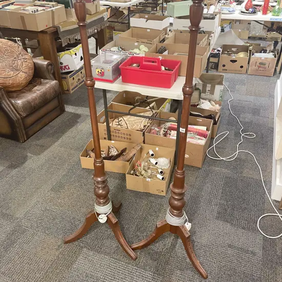 Pair of Tripod Based Wooden Standard Lamps