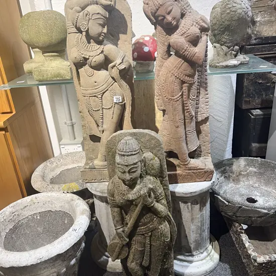 Three Concrete Garden Ornaments Two With Column Form Stands