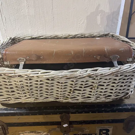 Vintage Cane Laundry Basket together with Suitcase