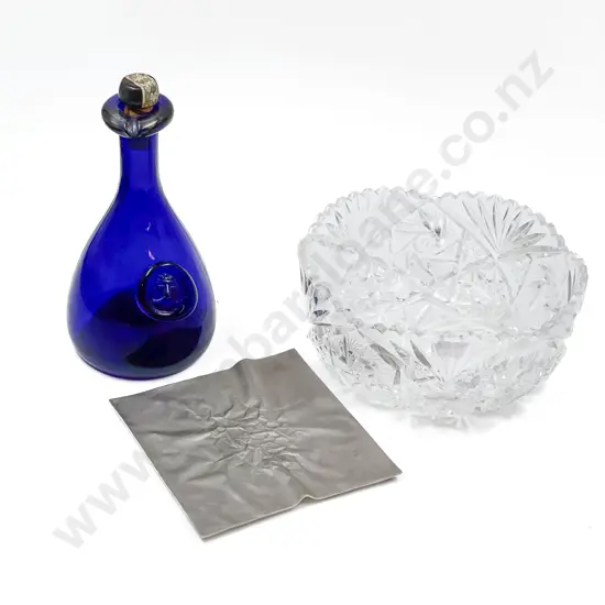 Heavy Cut Crystal Fruit Bowl & Small Japanese Metal Artwork together with Holmegaard Decanter