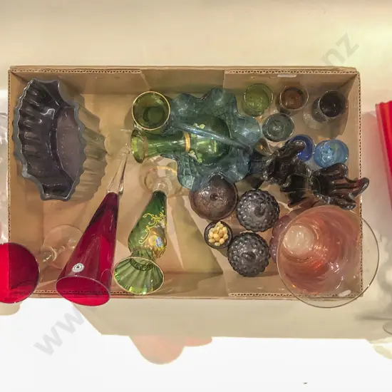 Box of Assorted Coloured Glassware etc