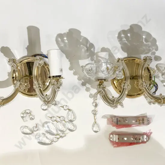 Pair of Two Branch Light Fittings with Crystal Droplets