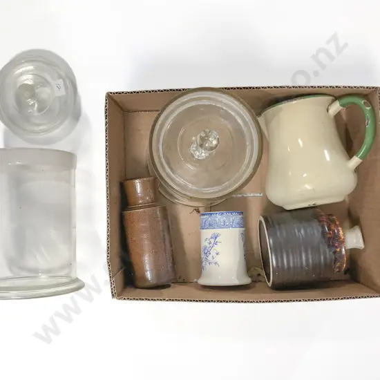 Box Quantity of Assorted Vintage incl Glass Lolly Jar & Enamel Jug etc