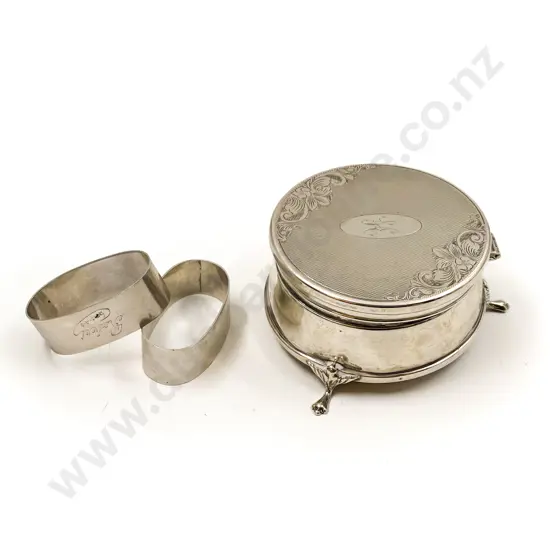 S/S Circular Jewellery Box together with Two S/S Napkin Rings