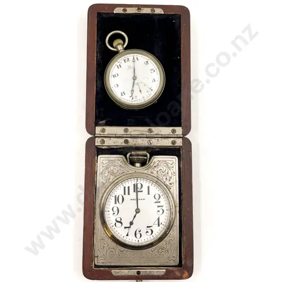 Cased S/Plate Waltham Travel Clock and Omega Pocket Watch both ticking