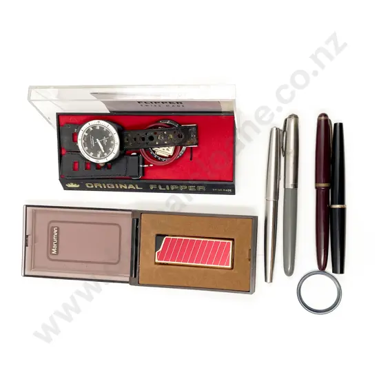 Original Flipper Wrist Watch (af) with lighter and four vintage fountain pens