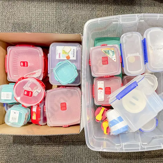 Two Boxes Comprising of Large Quantity of Food Storage Containers