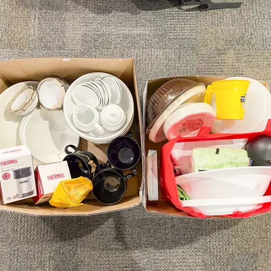 Two Boxes of Assorted Kitchen Crockery etc