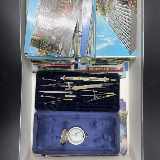 Cased Compass Set together with Assorted Postcards etc