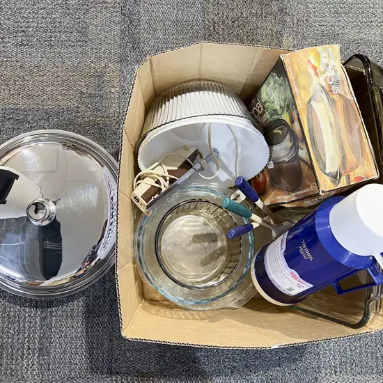 Box of Assorted Kitchen Serving Ware etc