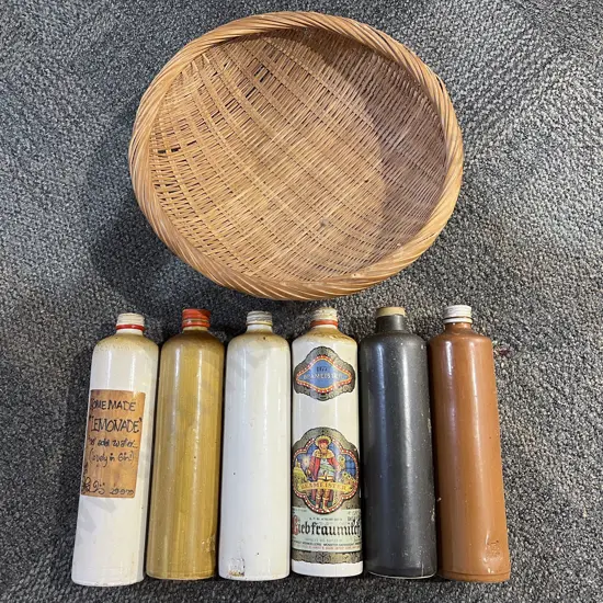 Six Assorted Vintage Stoneware Alcohol Bottles etc