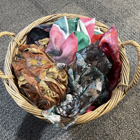 Wicker Basket with Assorted Scarves etc