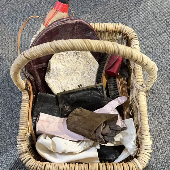 Wicker Basket with Assorted Ladies Bags Gloves etc