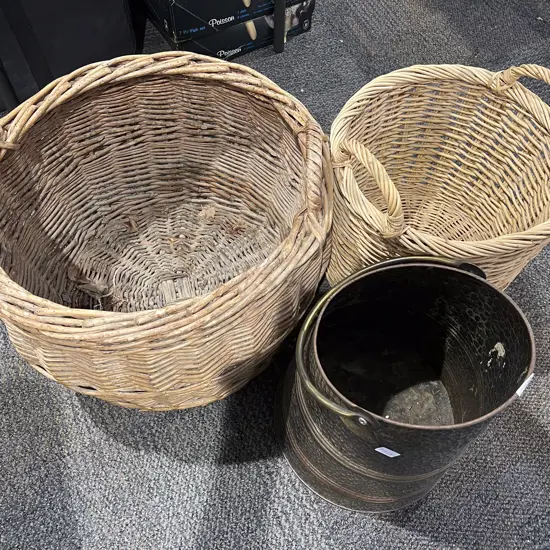 Two Wicker Baskets together with Coal Bucket