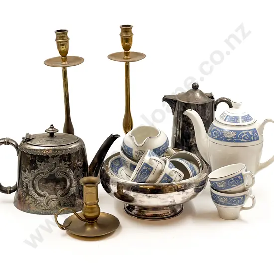 Wood & Sons Part Coffee Set & Pair of Brass Candlesticks etc