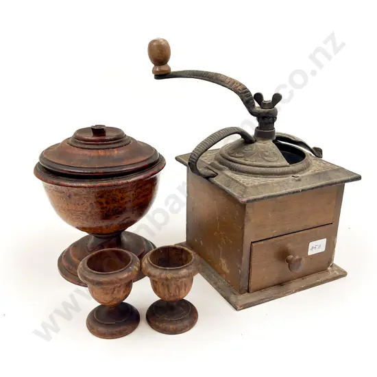 Burr Totara Lidded Urn, 2 Egg Cups & Vintage Coffee Grinder etc