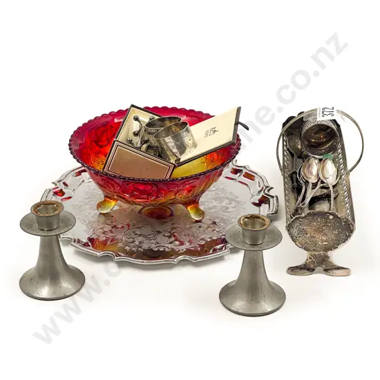 Footed Carnival Glass Bowl together Assorted S/P Cutlery etc