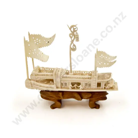 Carved Ivory River Boat on Wooden Stand (A/F)