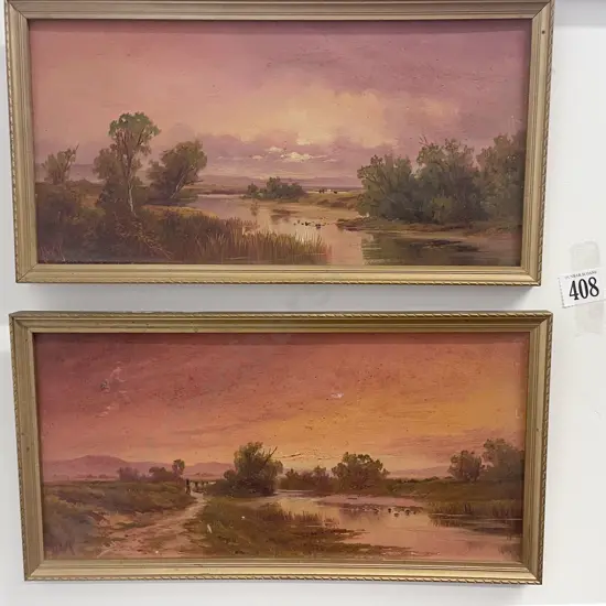 Pair H W Kirkwood Twilight Lake Scenes - Oil on Board