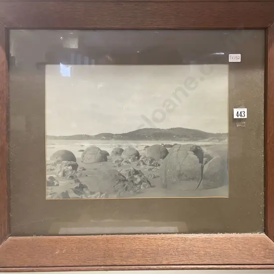 Oak Framed Black & White Photograph of the Moeraki Boulders