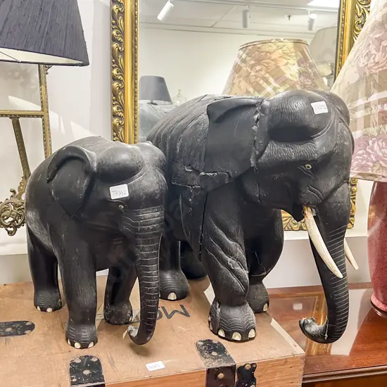 Pair Very Large Ebony Elephants (Faults)