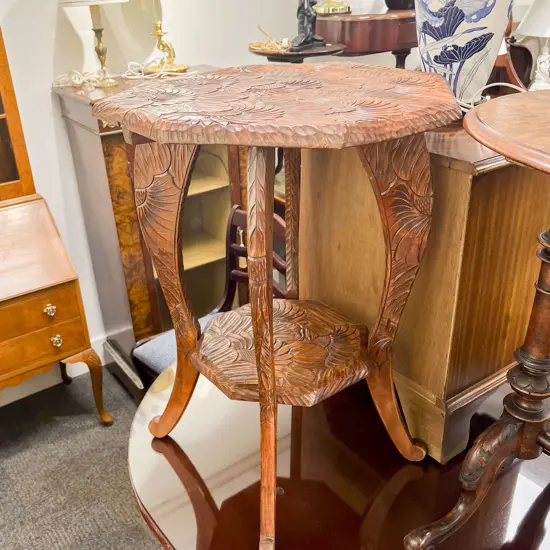 C1910 Japanese Art Nouveau Floral Carved Circular Table Retailed By Liberty & Co, London