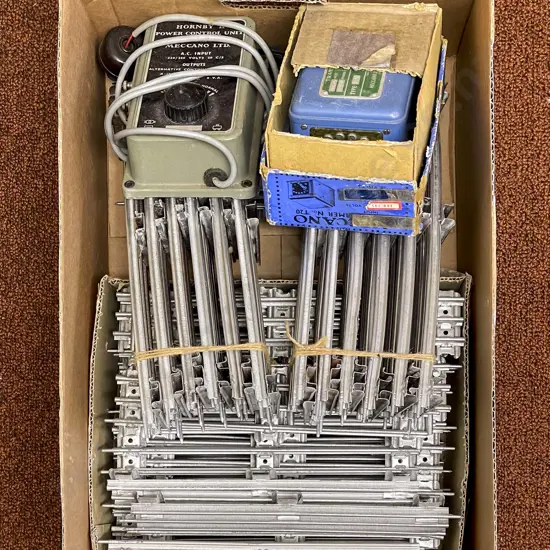 Carton Qty Hornby O Gauge 3-Rail Track silver painted with Hornby Controller and Transformer