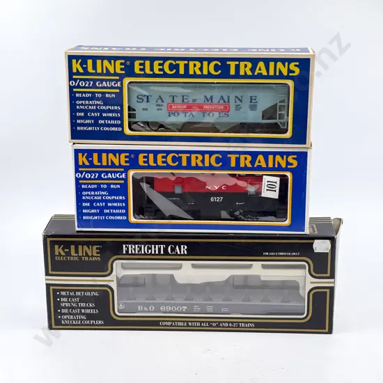 K-Line Electric Trains O Gauge Boxed NYC Caboose Maine Hopper Car and B&O Flat Car