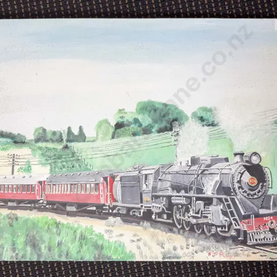 Acrylic on Board By D J Reynolds NZ Steam Locomotive and Tender 123N 46 x 61cm