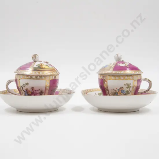 Pair C19th Dresden R Mark Covered Cup & Saucers