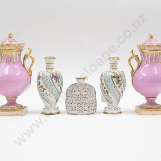 Pair C19th French Un & Covers & Pair Posy Vases & Floral Encrusted Pot