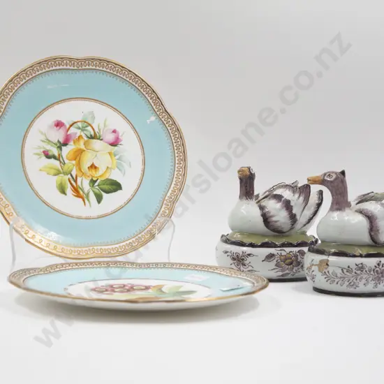 C19th Pair Faience Duck Tureens & Pair Dessert Plates