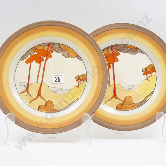 Pair Clarice Cliff Bizarre Coral Firs Pattern Dinner Plates