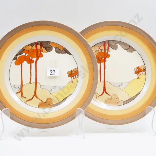 Pair Clarice Cliff Bizarre Coral Firs Pattern Dinner Plates