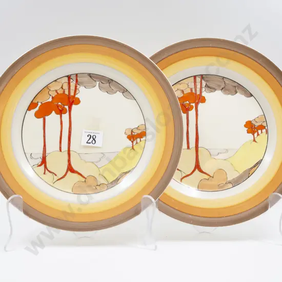 Pair Clarice Cliff Bizarre Coral Firs Pattern Dinner Plates