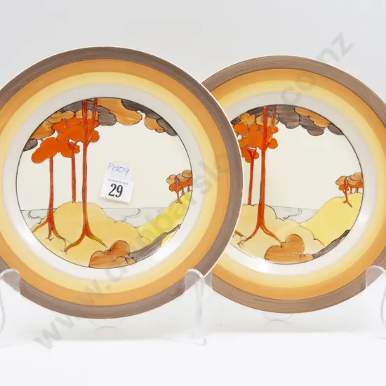 Pair Clarice Cliff Bizarre Coral Firs Pattern Dinner Plates