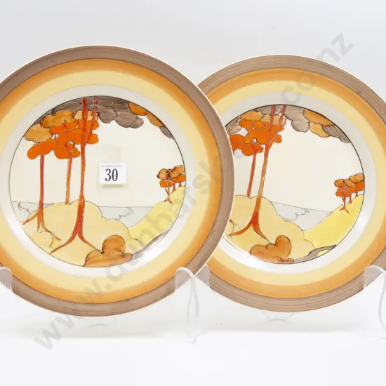 Pair Clarice Cliff Bizarre Coral Firs Pattern Dinner Plates