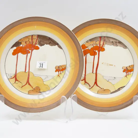Pair Clarice Cliff Bizarre Coral Firs Pattern Dinner Plates