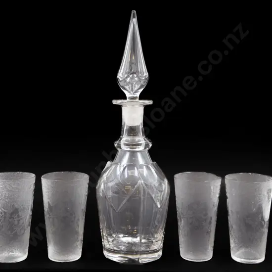 Victorian Mallet Body Spirit Decanter & Four Edwardian Finely Etched Tumblers