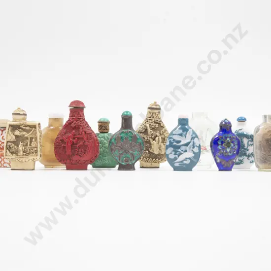 Collection of 13 Snuff Bottles & Ivory Foo Dog Figure
