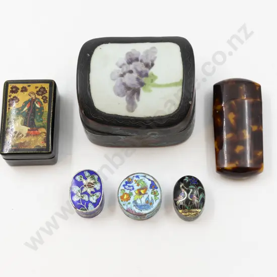 Miniature Russian Lacquer Box Three Silver Boxes & Various