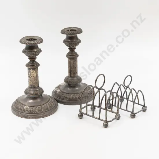 Pair Vict Sheffield Plate Candlesticks & 2 Small Toast Racks