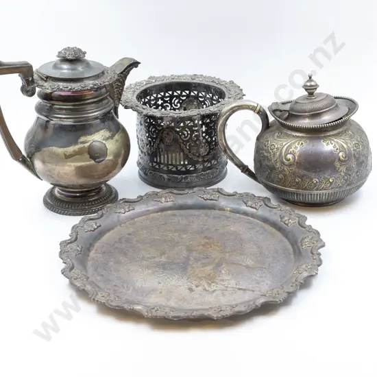 Plated Bottle Coaster, Salver, Hot Water Jug & Teapot (af)