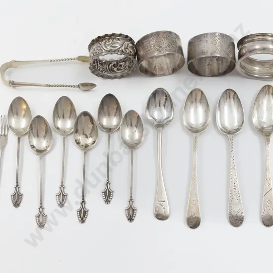 4 S/S Napkin Rings 12 Various Spoons & Small Pair Sugar Tongs