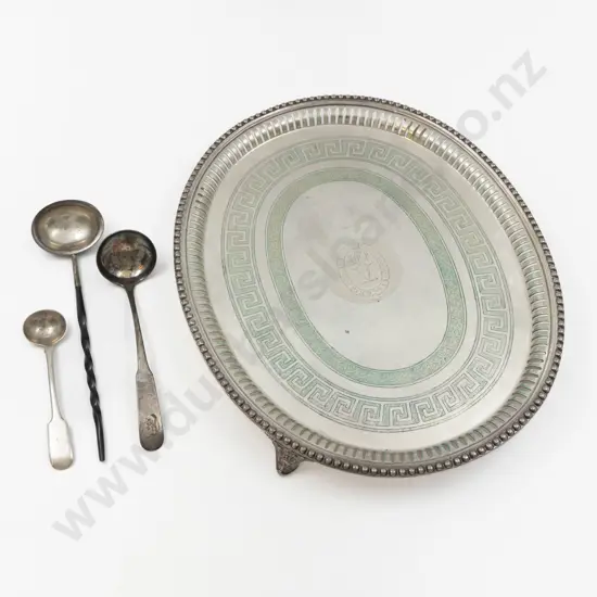 C19th S/P Oval Tray, Punch Ladle, Scottish S/S Sauce Ladle & Mustard Spoon