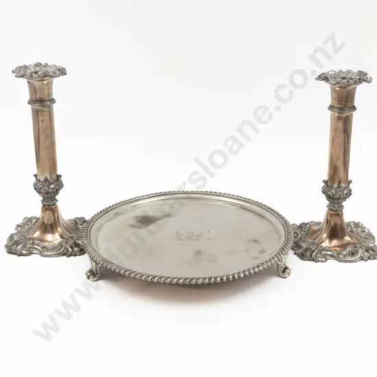 S/P Circular Salver & Pair Of Candlesticks