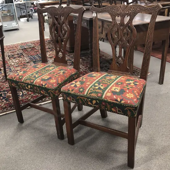 Attractive Pair Of Geo III Carved Oak Dining Chairs In The Chippendale Style