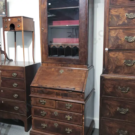 An Attractive & Rare Geo I Walnut & Inlaid Bureau Bookcase