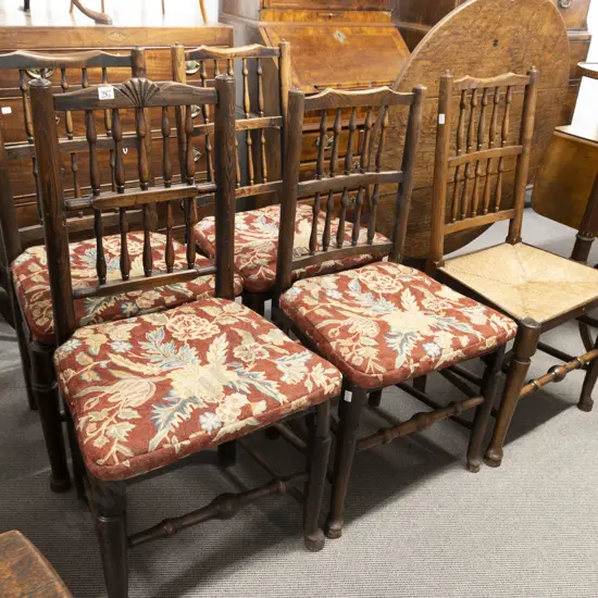 A Harlequin Set Of 5 C19th Oak Lancashire Dining Chairs