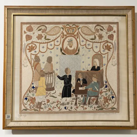 Framed Indian Embroidery Of A Courtroom